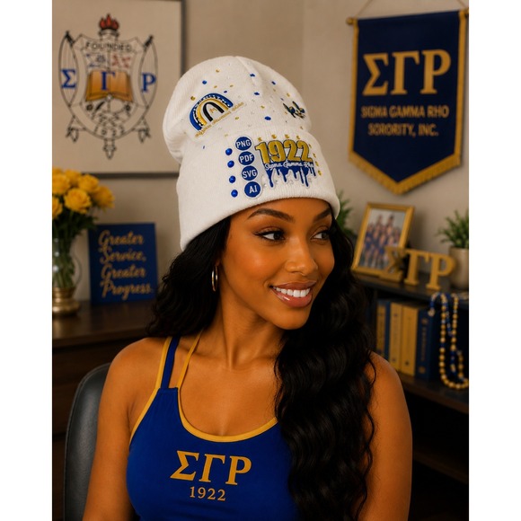 Sigma Gamma Rho Sorority 1922 White Knit Beanie Hat Blue Gold Rhinestone SGRho